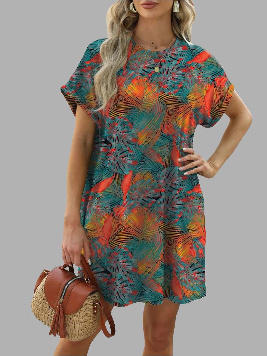 Printed Round Neck Short Sleeve Mini Dress