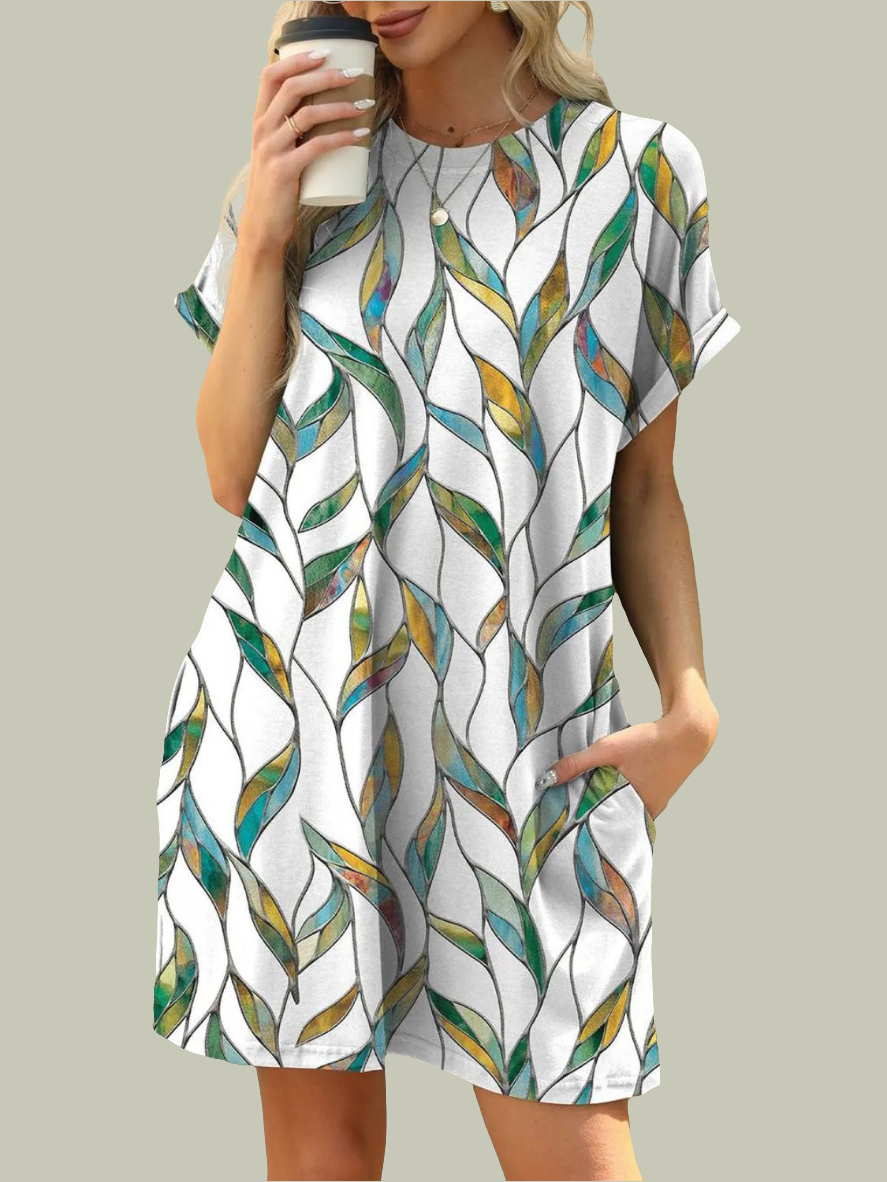 Printed Round Neck Short Sleeve Mini Dress