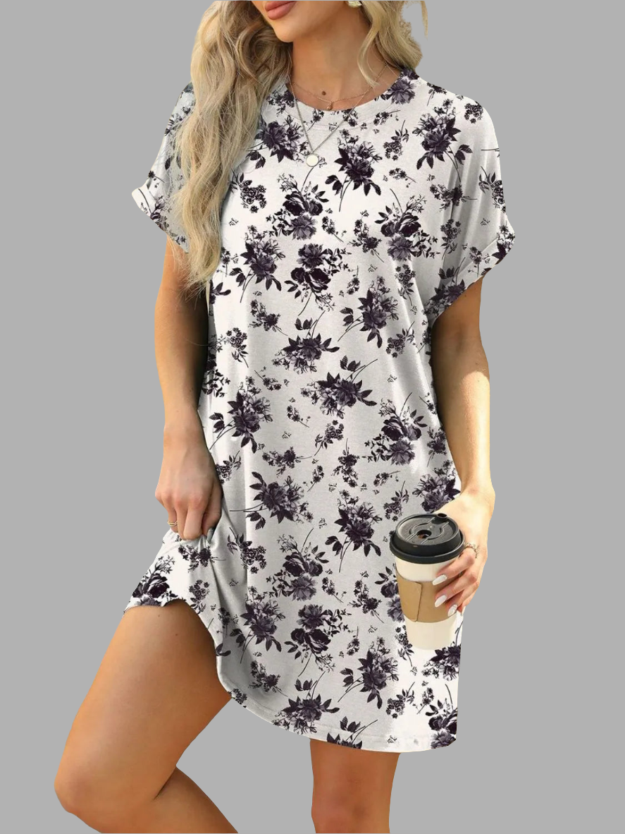 Printed Round Neck Short Sleeve Mini Dress